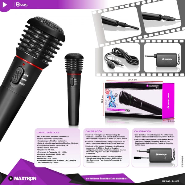 MICROFONO, MAXTRON, BLUES MX608 WIFI + CABLE 2.5 MTS